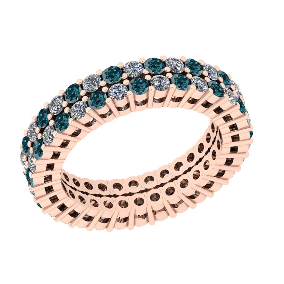 2.24 Ctw I2/I3 Treated Fancy Blue And White Diamond 14K Rose Gold Eternity: Center Stone Weight : 1.12 Ctw (Round Cut ) Center Stone Color : Treated Fancy Blue Diamond Center Stone Clarity : I2/I3 Center Stone Setting : Prong Side Stone Weight Of Ctw 1.12 Ctw Side Stone