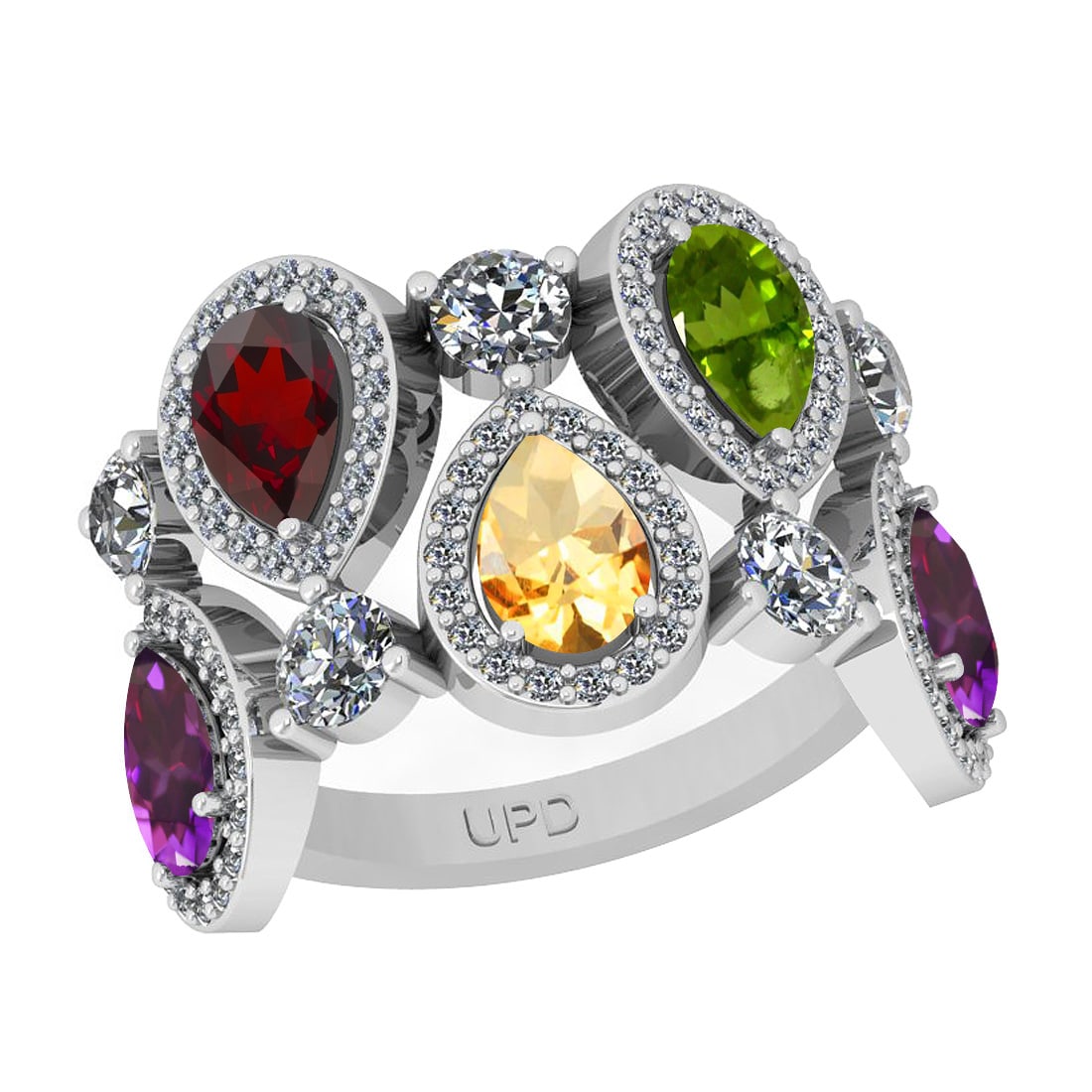 2.95 Ctw I2/I3 Multi Stone And Diamond 10K White Gold Ring: Multi Stone Weight : 2.50 Ctw ( Pear Cut) Multi Stone Color :-Amethyst,Garnet,Peridot,Citrine Multi Stone Setting : Prong Side Stone Weight Of Ctw 0.45 Ctw Side Stone Color : J-K Stone Clarity :
