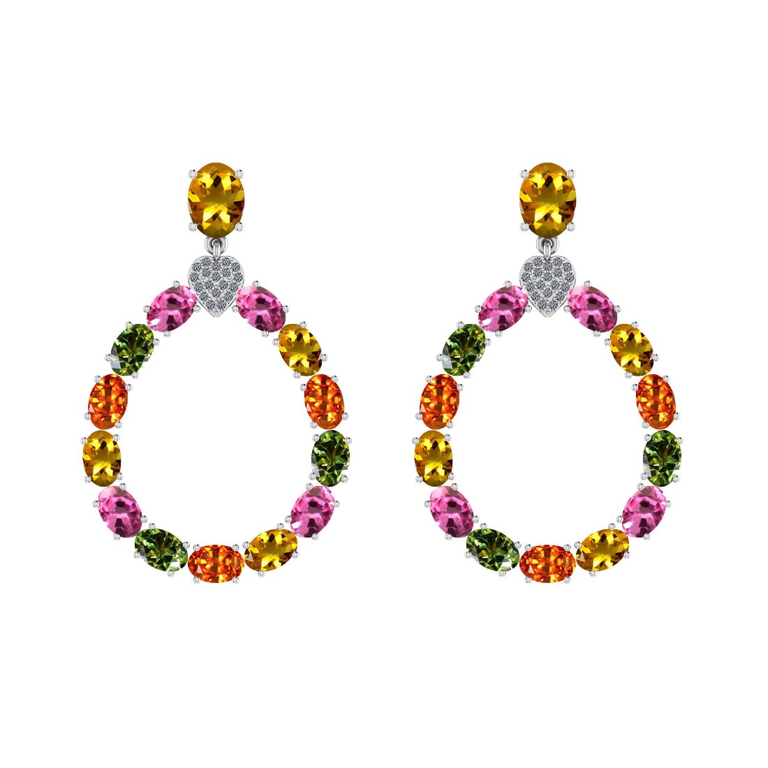 15.69 Ctw I2/I3 Multi Stone And Diamond 14K White Gold Earrings: Multi Stone Weight : 15.50 Ctw ( Oval Cut) Multi Stone Color :-Pink,Green,Yellow,Orange Sapphire Multi Stone Setting : Prong Side Stone Weight Of Ctw 0.19 Ctw Side Stone Color : J-K Stone Clarity : I2