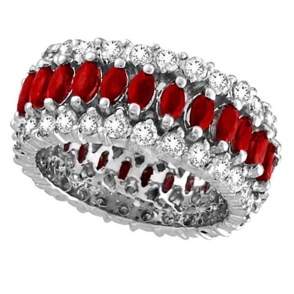 Marquise Ruby and Diamond Eternity Ring 14k White Gold 5.25 ctw: CENTER STONE; Ruby CENTER STONE CLARITY; CENTER STONE COLOR; Red CENTER STONE SETTING; Prong SIDE STONE CLARITY; SI SIDE STONE COLOR; J-K SIDE STONE SETTING; Prong ctw OF SIDE STONE: 2.39 SIDE STONE Q