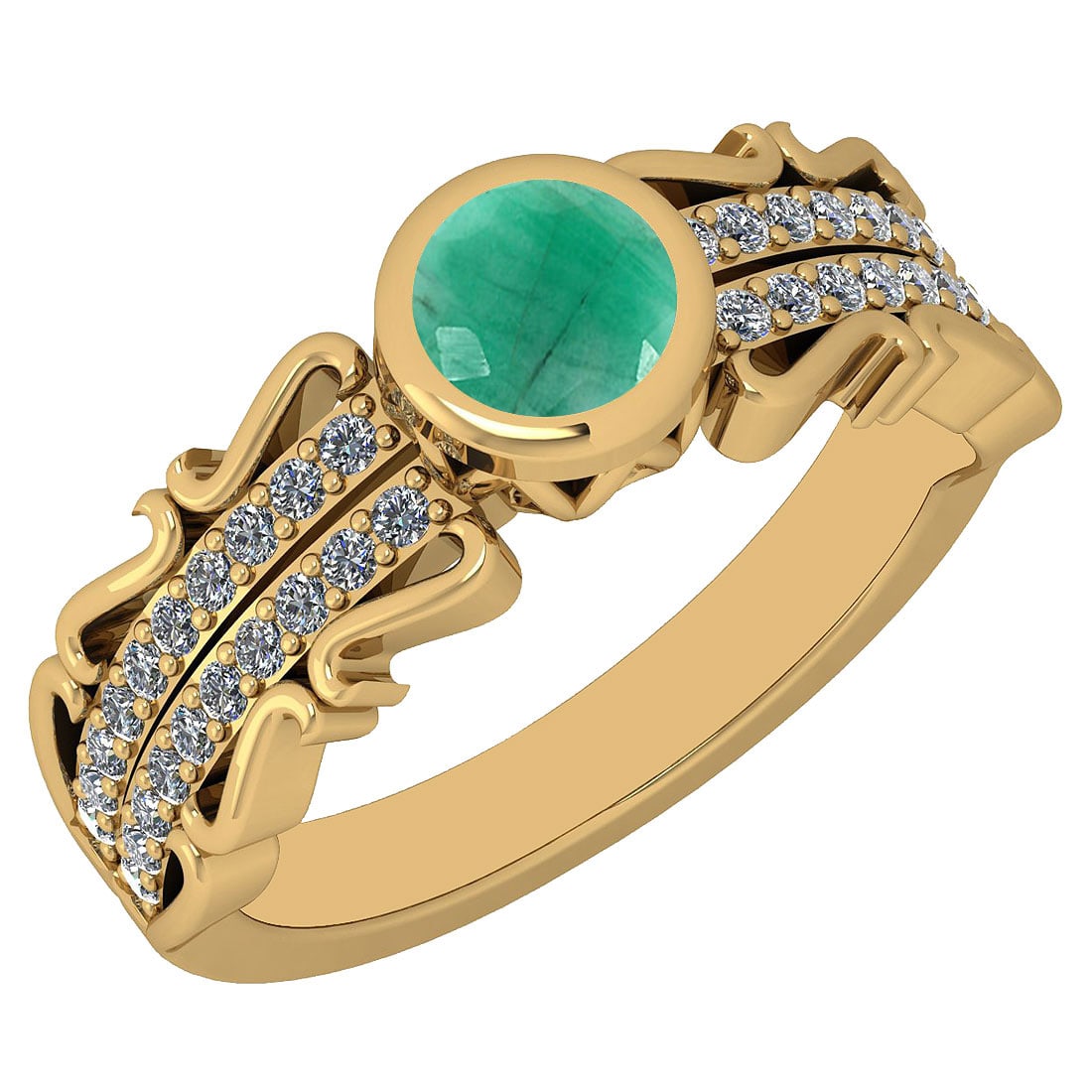 0.82 Ctw I2/I3 Emerald And Diamond 14K Yellow Gold Engagement Ring: Center Stone Weight ; 0.50 Ctw ( Round Cut ) Stone Color :Emerald Color Stone Setting ; Bezel Side Stone Weight of Ctw ; 0.32 ctw Side Stone Color : J-K Side Stone Setting: Prong Side Stone Clarity :