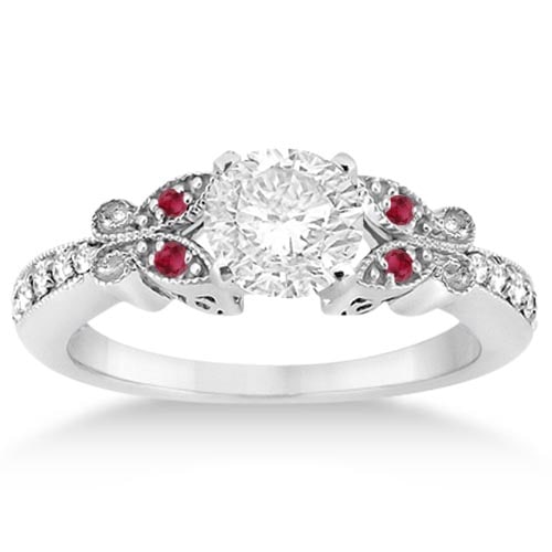 Butterfly Diamond and Ruby Engagement Ring 14k White Gold 1.20ctw: CENTER STONE; DIAMOND (1.00 CTW) CENTER STONE CLARITY; SI1-SI2 CENTER STONE COLOR; J-K CENTER STONE SETTING; SIDE STONE CLARITY; Eye Clean,SI1-SI2 SIDE STONE COLOR; Red,J-K SIDE STONE SETTING; Pave,Pa