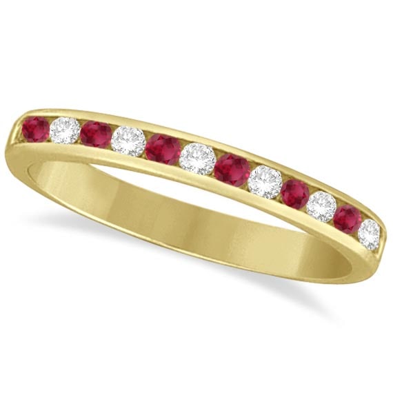 Ruby and Diamond Semi-Eternity Channel Ring 14k Yellow Gold 0.40ctw: CENTER STONE; Ruby CENTER STONE CLARITY; CENTER STONE COLOR; Red CENTER STONE SETTING; Channel SIDE STONE CLARITY; SI SIDE STONE COLOR; J-K SIDE STONE SETTING; Channel ctw OF SIDE STONE: 0.2 SIDE STON