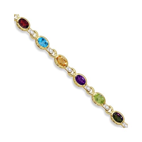 Diamond and Multicolor Gemstone Bracelet 14k Yellow Gold 9.62ctw: CENTER STONE; Amethyst,Blue Topaz,Citrine,Garnet,Mystic Topaz,Peridot CENTER STONE CLARITY; CENTER STONE COLOR; CENTER STONE SETTING; Bezel,Bezel,Bezel,Bezel,Bezel,Bezel SIDE STONE CLARITY; SI SIDE ST
