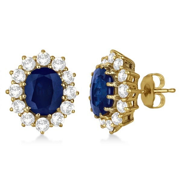 Oval Blue Sapphire and Diamond Accented Earrings 14k Yellow Gold 7.10ctw: CENTER STONE; Sapphire CENTER STONE CLARITY; CENTER STONE COLOR; Blue CENTER STONE SETTING; Prong SIDE STONE CLARITY; SI SIDE STONE COLOR; J-K SIDE STONE SETTING; Prong ctw OF SIDE STONE: 1.55 SIDE ST