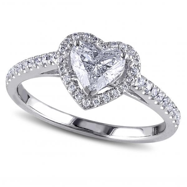 Heart Shaped Diamond Halo Engagement Ring in 14k White Gold 1.02 ctw: CENTER STONE; Diamond (.70 CTW) CENTER STONE CLARITY; SI CENTER STONE COLOR; J-K CENTER STONE SETTING; Prong SIDE STONE CLARITY; SI SIDE STONE COLOR; J-K SIDE STONE SETTING; Pave ctw OF SIDE STONE: 0.