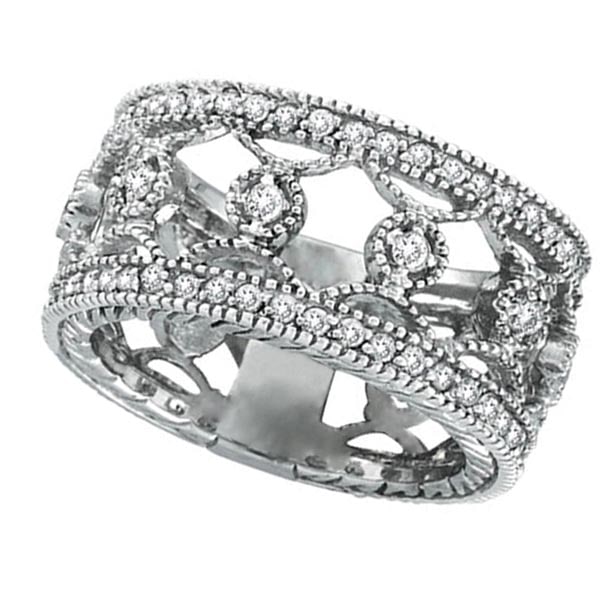 Antique style Style Diamond Eternity Ring Wide Band 14k White Gold 0.75ctw: CENTER STONE; Diamond CENTER STONE CLARITY; SI CENTER STONE COLOR; J-K CENTER STONE SETTING; Prong SIDE STONE CLARITY; SIDE STONE COLOR; SIDE STONE SETTING; ctw OF SIDE STONE: SIDE STONE QUALITY; #PAP
