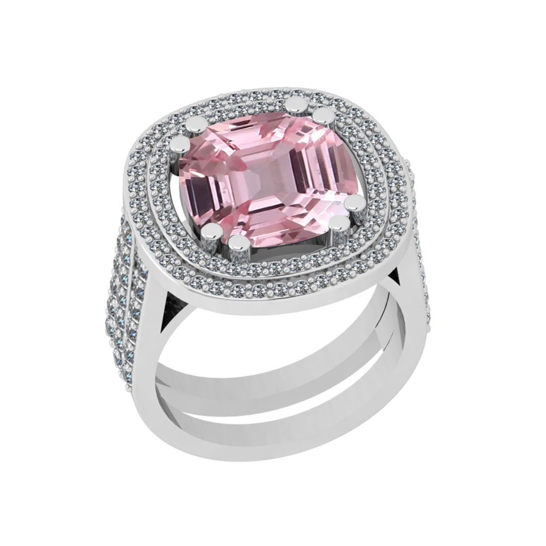 9.00 Ctw I2/I3 Kunzite And Diamond 14K White Gold Cocktail Ring: Center Stone Weight : 7.50 Ctw (Cushion Cut ) Center Stone Color : Kunzite Stone Setting : Prong Side Stone Weight Of Ctw 1.50 Ctw Side Stone Color : J-K Stone Clarity : I2/I3 Stone Setting : Prong