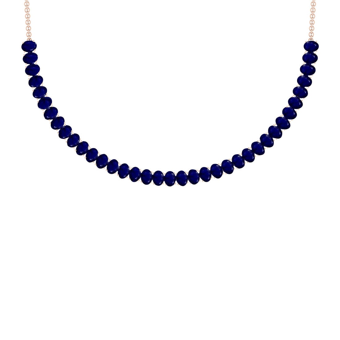 48.75 Ctw Blue sapphire 14K Rose Gold Necklace: Center Stone Weight : 48.75 Ctw ( Oval Cut) Center Stone Color :-Blue sapphire Stone Setting : Prong Metal Weight : Approx 19.30 Gram 14K Rose Gold Ladies fashion Necklace Size :- 16 Inches