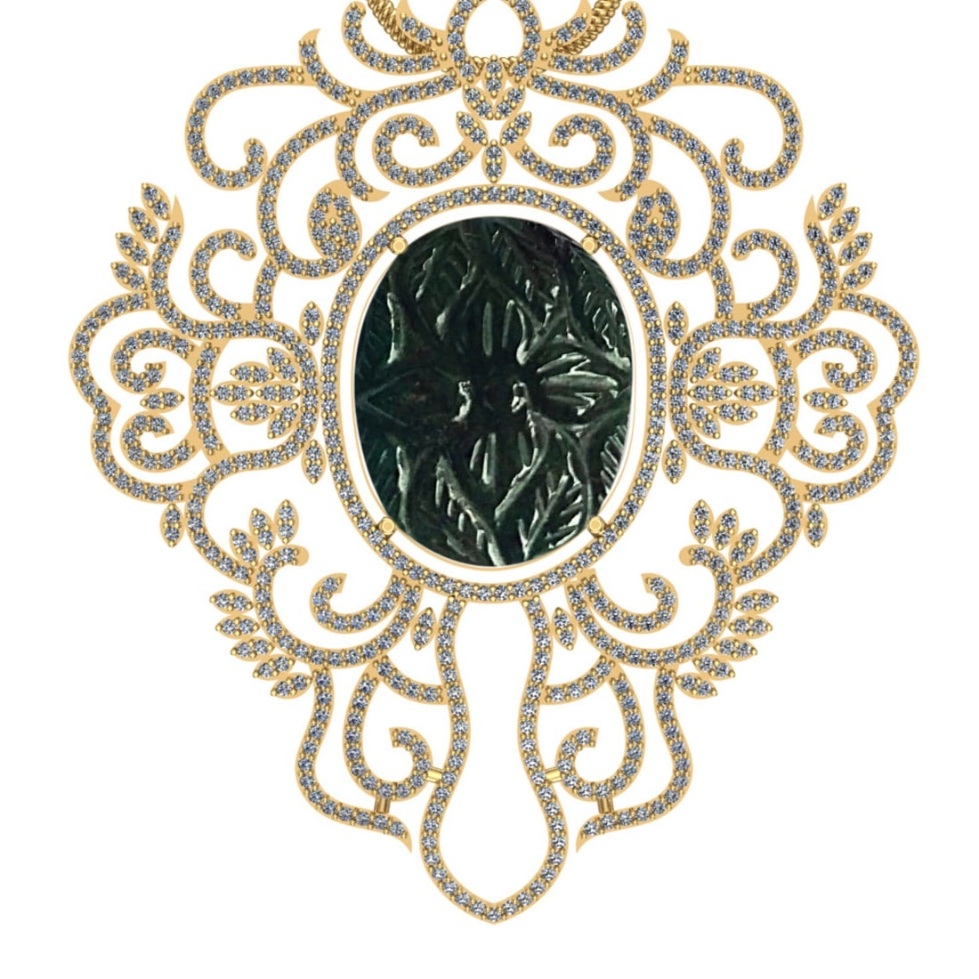 23.93 Ctw SI2/I1 Emerald And Diamond 14K Yellow Gold Pendant: Color Stone Weight : 20.10 Ctw (carving Oval Shape ) Center Stone Color : Emerald Center Stone Setting : Prong Side Stone Weight Of Ctw 3.83 Ctw Side Stone Color : J-K Stone Clarity : SI2/I1 Stone Set
