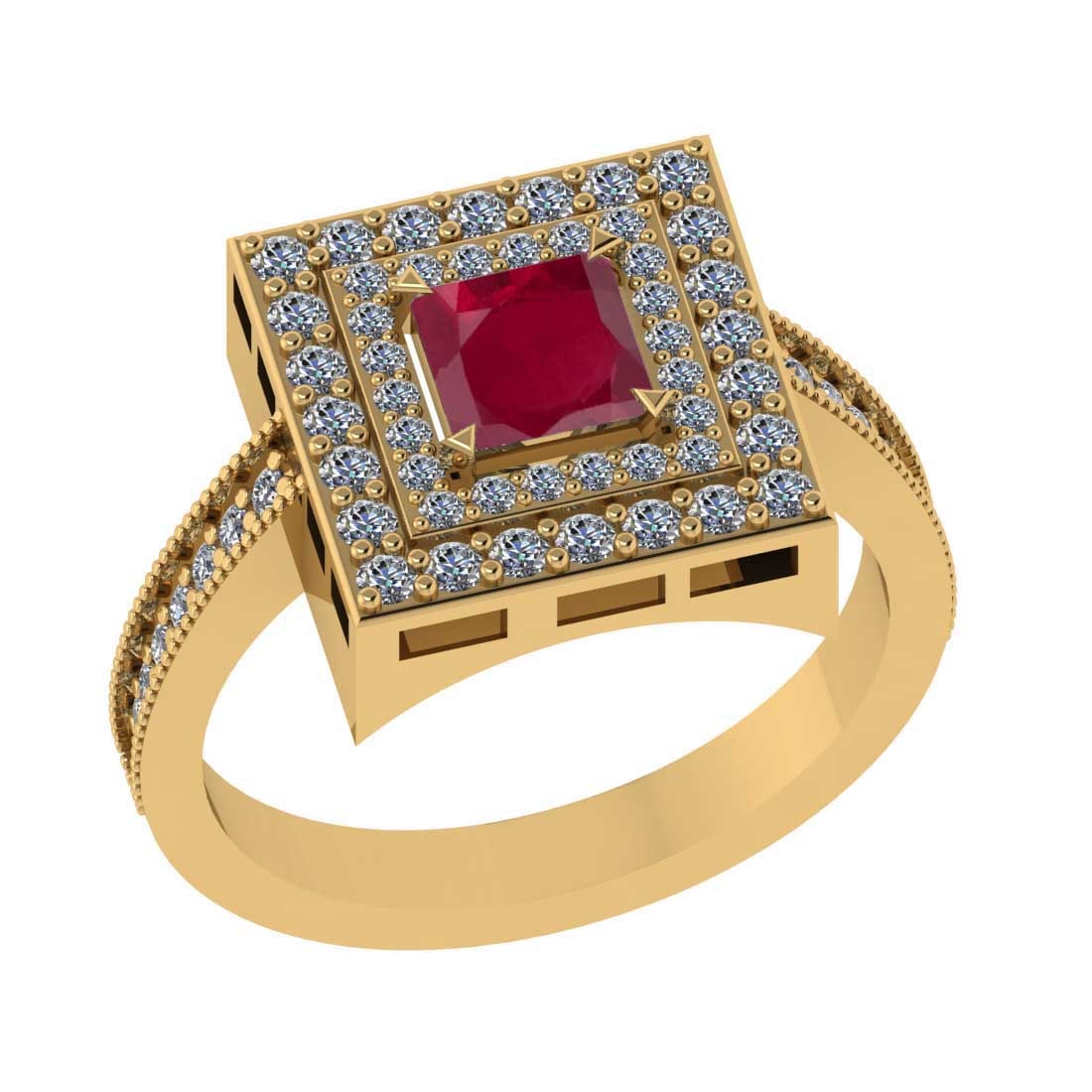 1.45 Ctw SI2/I1 Ruby and Diamond 14K Yellow Gold Engagement Halo Ring: Center Stone Weight : 0.75 Ctw ( Princess Cut) Center stone Color :-Ruby Setting : Prong Side Weight Of Ctw 0.70 Ctw Color : J-K Clarity : SI2/I1 Stone Setting : Prong Metal Weight : Approx 4.90 gram