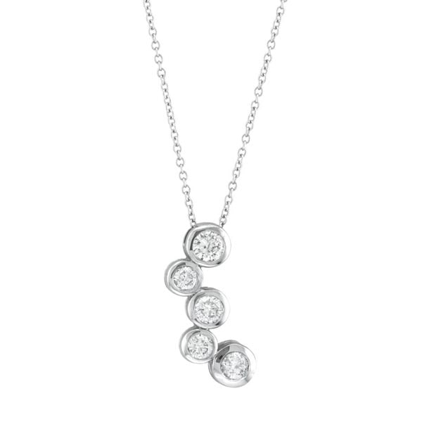 Bezel Set Five-Stone Diamond Pendant in 14k White Gold (0.75 ctw): METAL TYPE: 14k White Gold ;TOTAL CARAT WEIGHT: 0.75 ;NAME OF CENTER STONE: Diamond ;CENTER STONE SHAPE: Round ;CENTER STONE CLARITY: SI ;CENTER STONE COLOR: G-h ;CENTER STONE SETTING: Bezel ;CENTER S