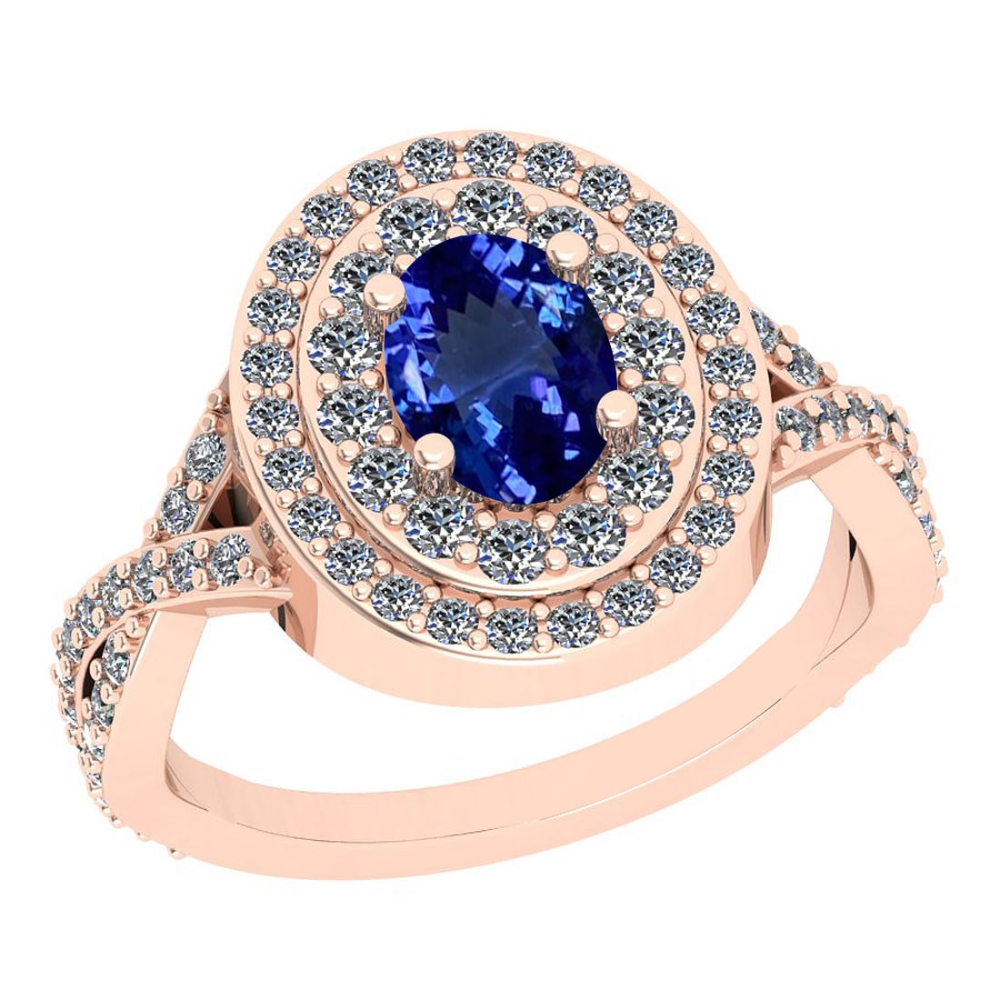 2.67 Ctw VS/SI1 Tanzanite And Diamond 18K Rose Gold Engagement Halo Ring: Center Stone Weight : 2.00 Ctw (Oval Cut) Center Stone Color :-Tanzanite Center Stone Setting : Prong Side Stone Weight Of Ctw 0.67 Ctw Side Stone Color : G-H Stone Clarity : VS/SI1 Stone Setting : Pr
