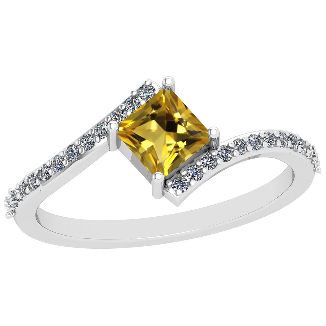 1.10 Ctw I2/I3 Citrine And Diamond 10K White Gold Ring: Center Stone Weight : 1.00 Ctw (Square cut) Center Stone Color :-Citrine Stone Setting : Prong Side Stone Weight Of Ctw 0.10 Ctw Side Stone Color : J-K Stone Clarity : I2/I3 Stone Setting : Prong Meta