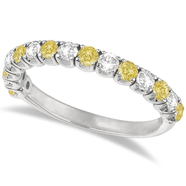 Yellow Canary and White Diamond Anniversary Band 14k White Gold 1.00ctw: CENTER STONE; Diamond CENTER STONE CLARITY; SI CENTER STONE COLOR; Yellow CENTER STONE SETTING; Prong SIDE STONE CLARITY; SI SIDE STONE COLOR; J-K SIDE STONE SETTING; Prong ctw OF SIDE STONE: 0.47 SID