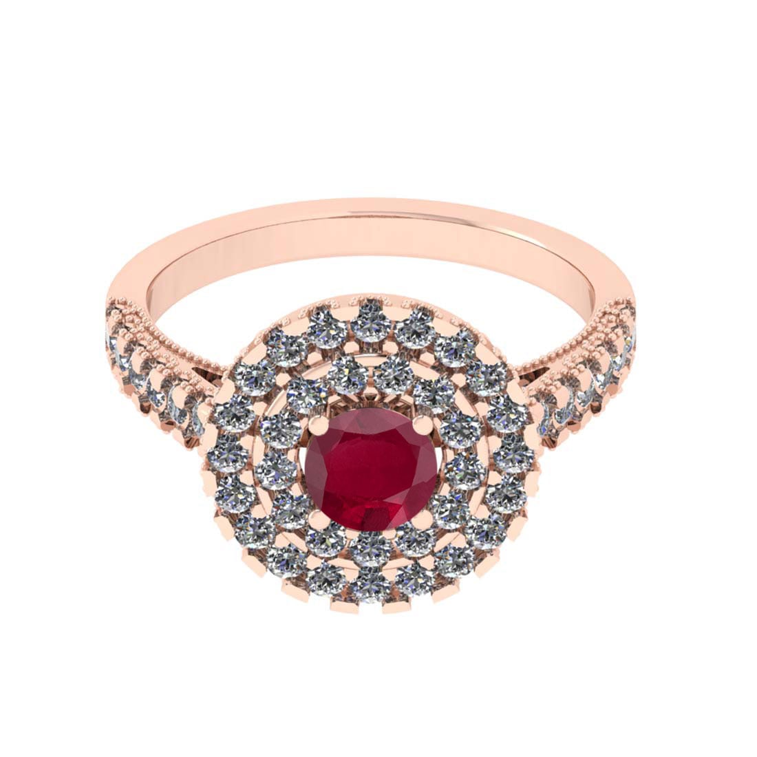 2.67 Ctw SI2/I1 Ruby And Diamond 14K Rose Gold two Row Engagement Halo Ring: Color Stone Weight : 2.00 Ctw (Oval Cut ) Center Stone Color : Ruby Center Stone Setting : Prong Side Stone Weight Of Ctw 0.70 Ctw Side Stone Color : J-K Stone Clarity : SI2/I1 Stone Setting : Prong M