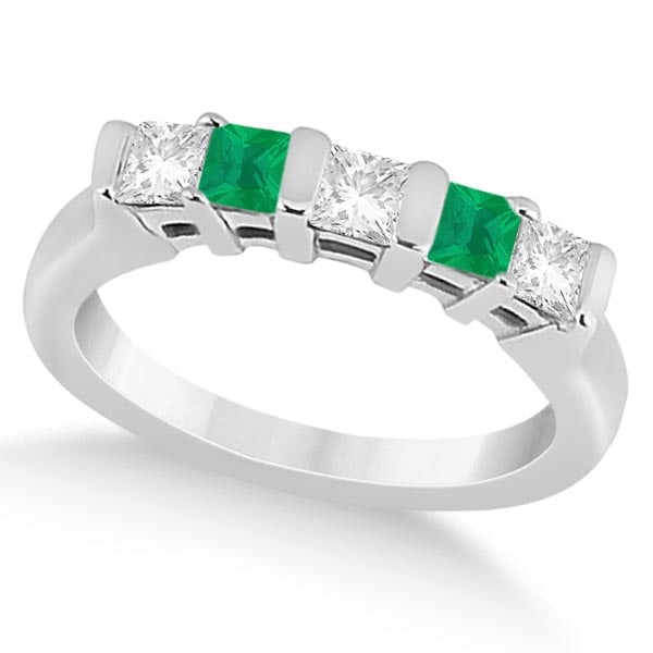 5 Stone Diamond and Green Emerald Princess Ring 18K White Gold 1.50 ctw: CENTER STONE; Diamond,Emerald CENTER STONE CLARITY; VS1-SI2#Eye Clean CENTER STONE COLOR; J-K,Green CENTER STONE SETTING; Bar,Bar SIDE STONE CLARITY; SIDE STONE COLOR; SIDE STONE SETTING; ctw OF SIDE