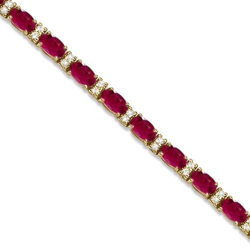 Diamond and Oval Cut Ruby Tennis Bracelet 14k Yellow Gold 9.25ctw: CENTER STONE; Ruby CENTER STONE CLARITY; CENTER STONE COLOR; Red CENTER STONE SETTING; Prong SIDE STONE CLARITY; SI SIDE STONE COLOR; J-K SIDE STONE SETTING; Prong ctw OF SIDE STONE: 0.5 SIDE STONE QU