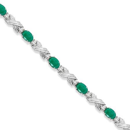 Emerald and Diamond XOXO Link Bracelet in 14k White Gold 6.65ctw: CENTER STONE; Emerald CENTER STONE CLARITY; CENTER STONE COLOR; CENTER STONE SETTING; Prong SIDE STONE CLARITY; SI SIDE STONE COLOR; H SIDE STONE SETTING; Prong ctw OF SIDE STONE: 0.05 SIDE STONE QUAL