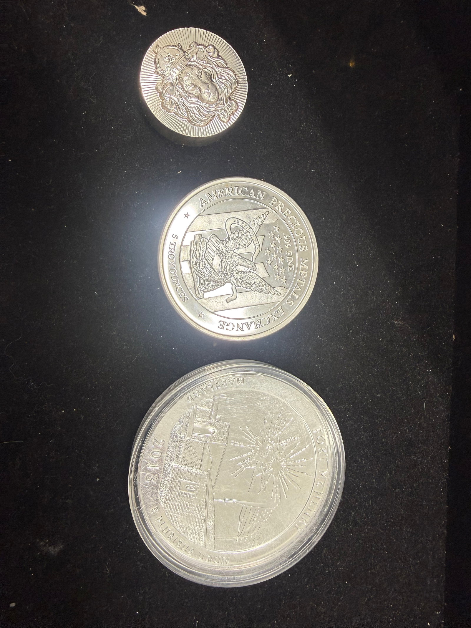 Lot of 5 Ounce Coins of Varying Mints Pure Silver .999 3 pieces (1 of 1)