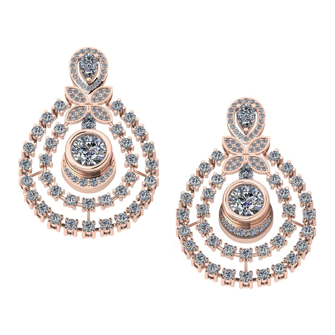 8.00 Ctw SI2/I1 Diamond 14K Rose Gold Earrings: Center Diamond Weight : 2.50 Ctw (Pear & Round Cut) Center Diamond Color : J-K Center Stone Setting : Prong Center Stone Clarity : SI2/I1 Side Stone Weight Of Ctw 5.50 Ctw Side Stone Color : J-KStone