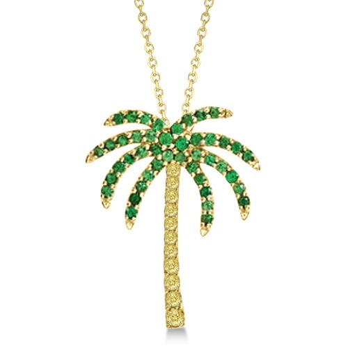 Tsavorite and Yellow Sapphire Palm Tree Necklace 14k Yellow Gold 0.30ctw: CENTER STONE; Tsavorite CENTER STONE CLARITY; CENTER STONE COLOR; Green CENTER STONE SETTING; Prong SIDE STONE CLARITY; SIDE STONE COLOR; Yellow SIDE STONE SETTING; Prong ctw OF SIDE STONE: 0.08 SIDE
