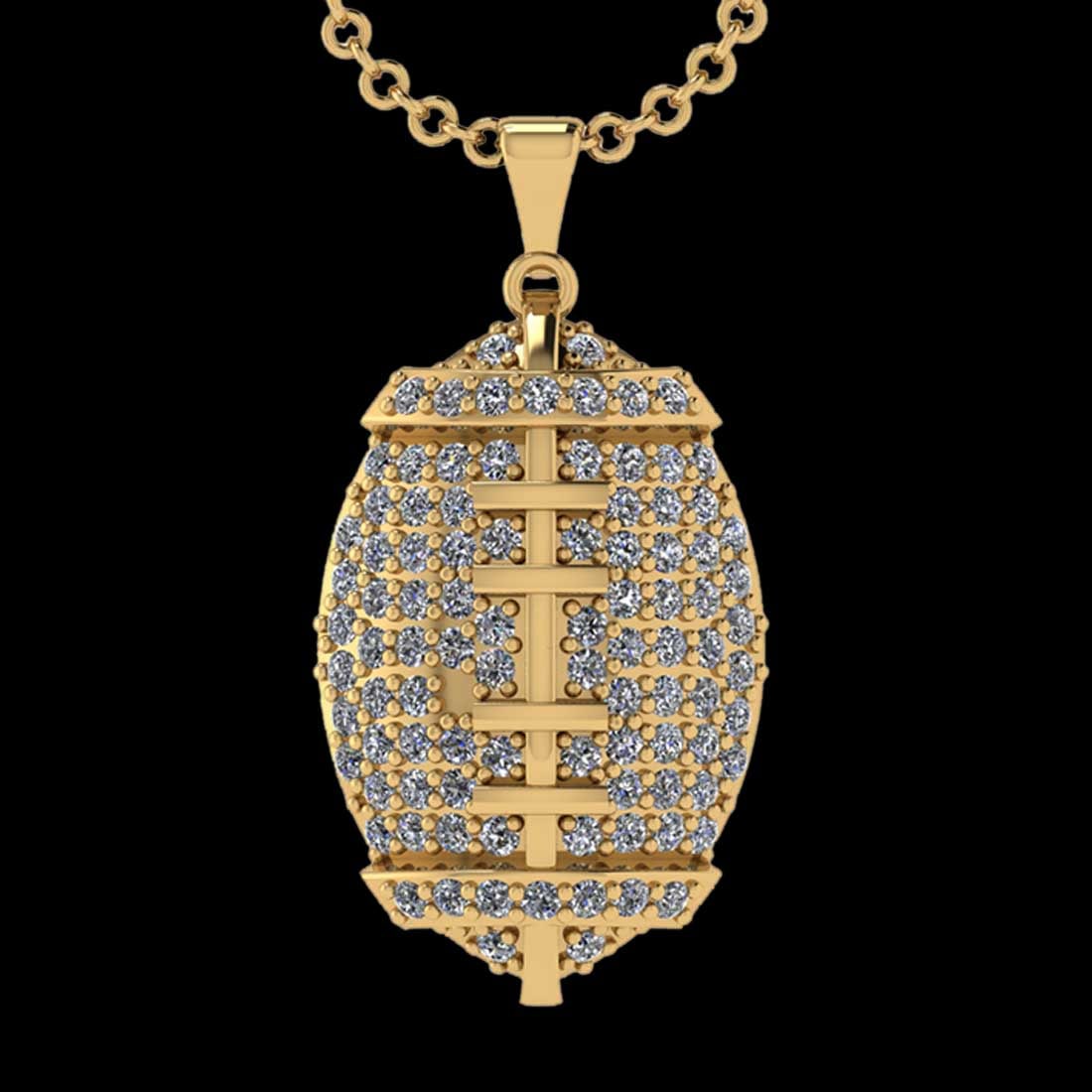 2.37 Ctw SI2/I1 Diamond 18K Yellow Gold Football Pendant Necklace: Total Diamond Weight : 2.37 Ctw (Round cut) Center Diamond Color :- G-H Center Clarity : SI2/I1 Stone Setting : Prong Metal Weight : Approx 11.90 Gram 18K Yellow Gold Football Pendant Necklace #PAPPS2