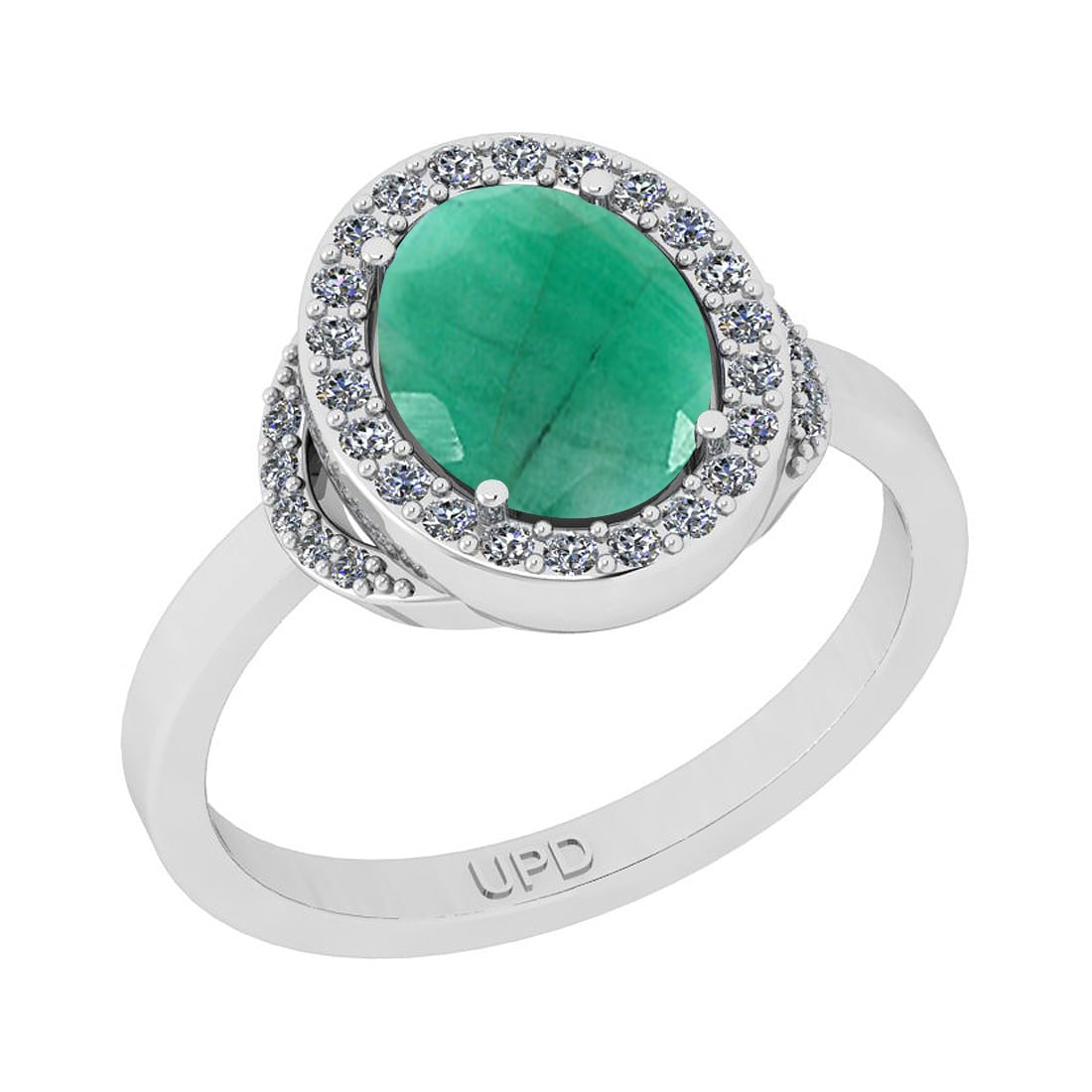 2.27 Ctw SI2/I1 Emerald And Diamond 14K White Gold Engagement Halo Ring: Center Stone Weight : 2.00 Ctw ( Oval Cut) Center Stone Color :-Emerald Stone Setting : Prong Side Stone Weight Of Ctw 0.27 Ctw Side Stone Color : J-K Stone Clarity : SI2/I1 Stone Setting : Prong Meta