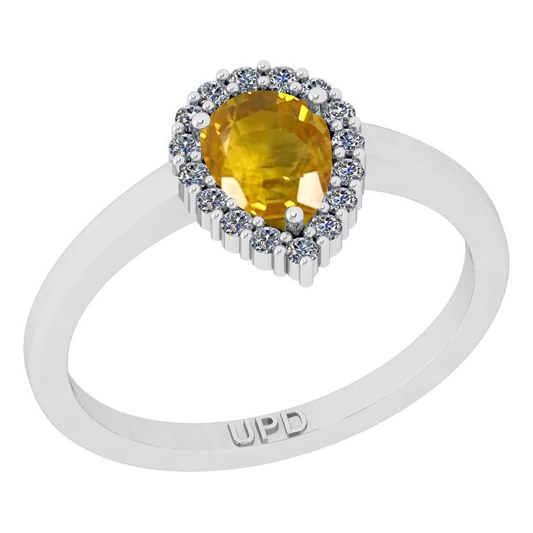 0.91 Ctw I2/I3 Yellow sapphire And Diamond 14K White Gold Engagement Ring: Center Stone Weight : 0.75 Ctw ( Pear Cut) Center Stone Color :-Yellow sapphire Stone Setting : Prong Side Stone Weight Of Ctw 0.16 Ctw Side Stone Color : J-K Stone Clarity : I2/I3 Stone Setting : Pro