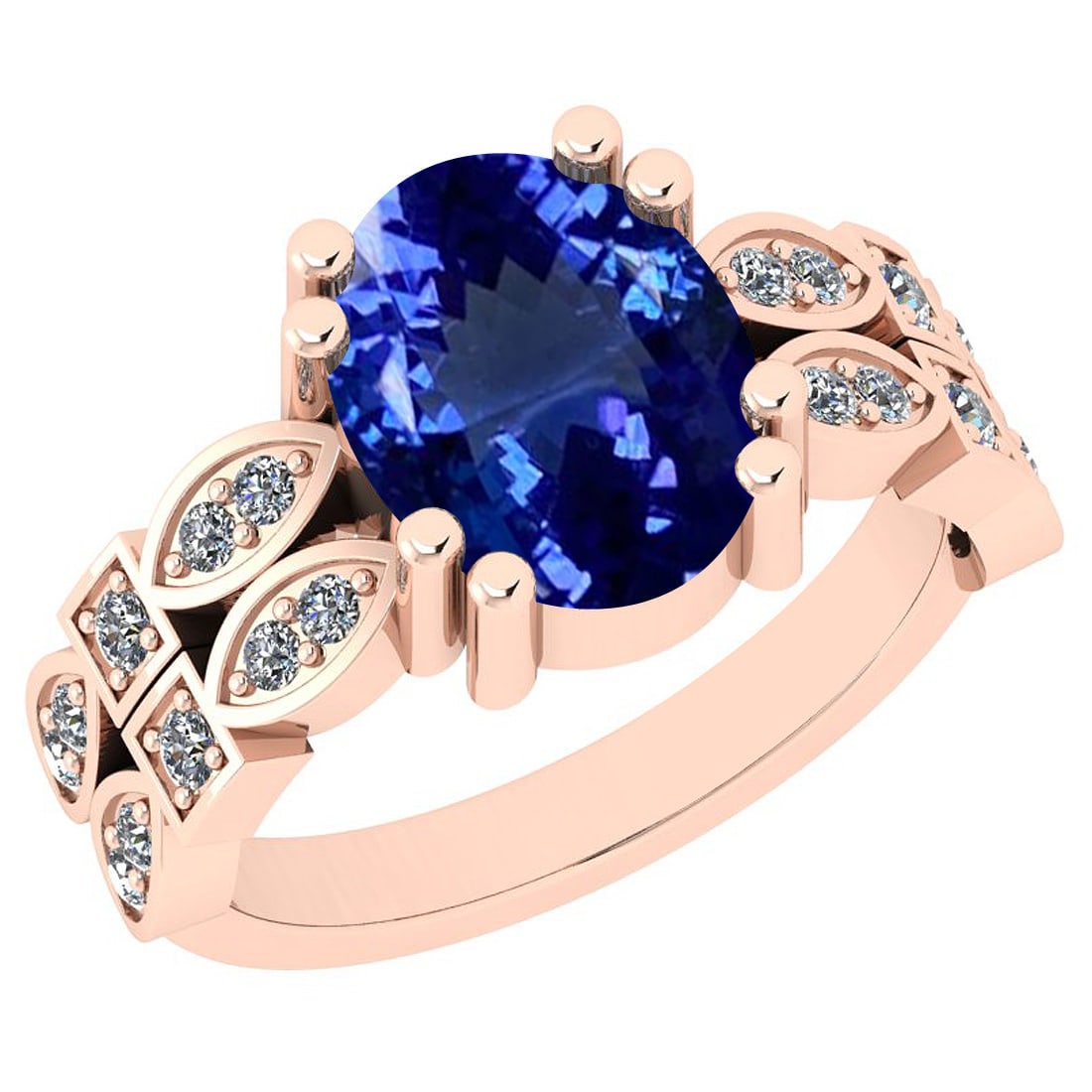 4.68 Ctw VS/SI1 Tanzanite And Diamond 14K Rose Gold Ring: Center Stone Approx Weight: 4.48 Ctw (Oval Cut) Center Stone Color: Tanzanite Center Stone Setting: Prong Side Stone 0.20 Ctw Side Stone Color: H-I Stone Clarity: VS/SI1 Stone Setting: Prong Metal