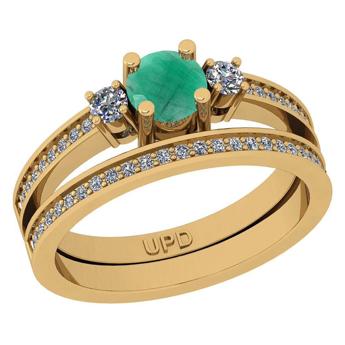 0.83 Ctw SI2/I1 Emerald And Diamond 14K Yellow Gold Wedding Set Ring: Center Stone Weight : 0.50 Ctw ( Round Cut) Center Stone Color :-Emerald Stone Setting : Prong Side Stone Weight Of Ctw 0.33 Ctw Side Stone Color : J-K Stone Clarity : SI2/I1 Stone Setting : Prong Met