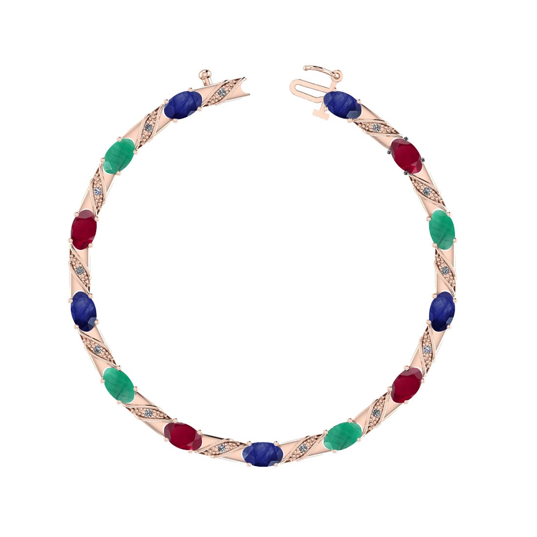 3.30 Ctw SI2/SI1 Multi Stone And Diamond 14K Rose Gold Bracelet: Multi Stone Weight : 3.25 Ctw ( Oval Cut) Multi Stone Color :-Emerald,Ruby,Blue Sapphire Multi Stone Setting : Prong Side Stone Weight Of Ctw 0.05 Ctw Side Stone Color : G-H Stone Clarity : SI2/SI1