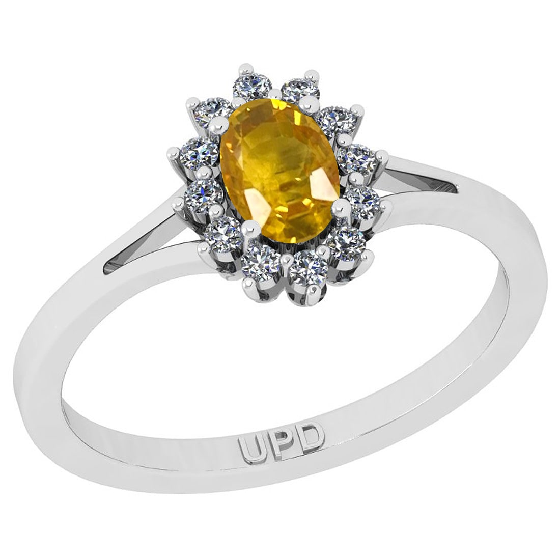 0.64 Ctw I2/I3 Yellow sapphire And Diamond 14K White Gold Promises Ring: Center Stone Weight : 0.50 Ctw ( Oval Cut) Center Stone Color :-Yellow sapphire Stone Setting : Prong Side Stone Weight Of Ctw 0.14 Ctw Side Stone Color : J-K Stone Clarity : I2/I3 Stone Setting : Pro