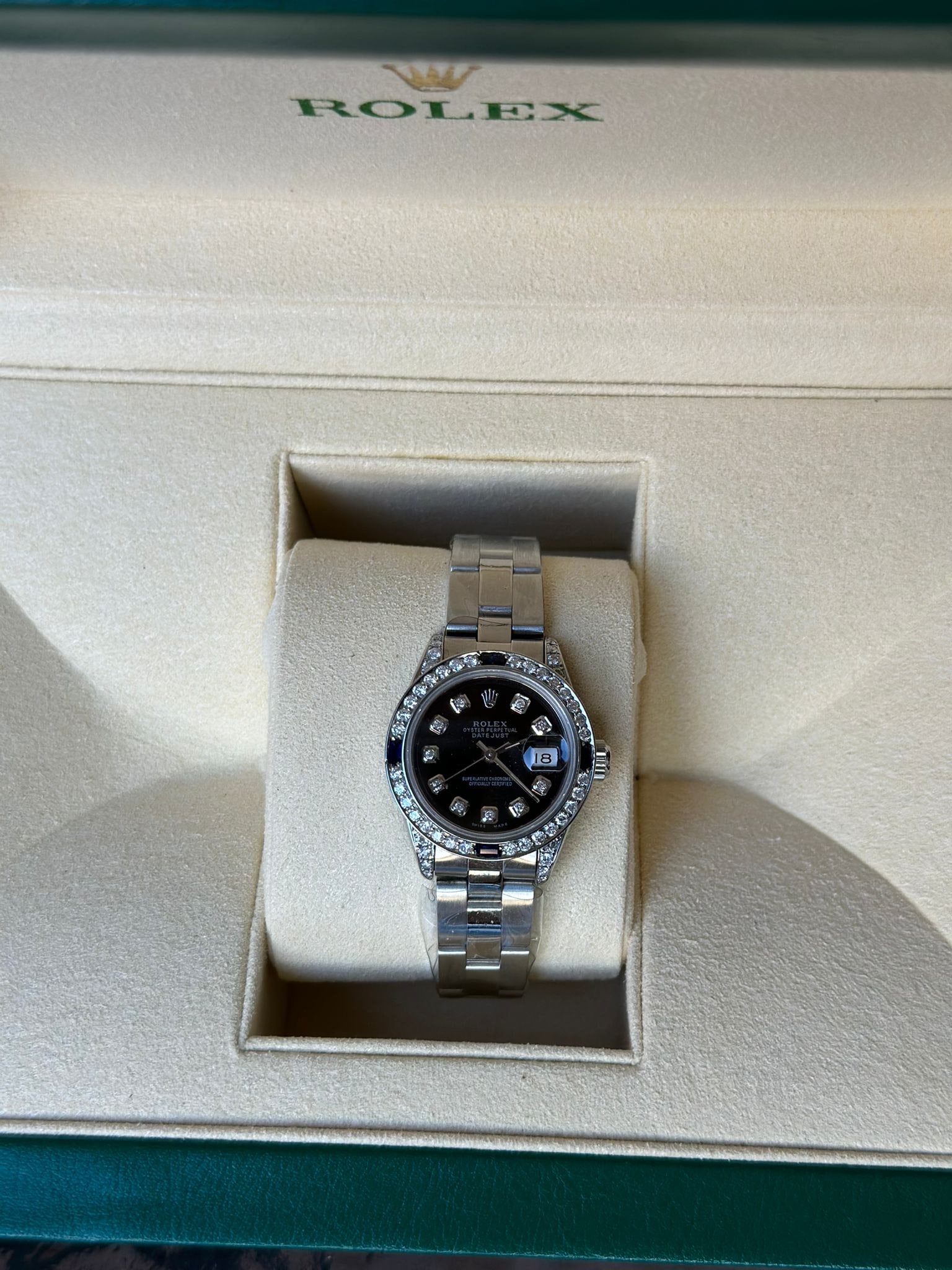 CUSTOM 26MM LADIES DATEJUST ROLEX WITH DIAMOND BEZEL & DIAL COMES WITH BOX: CUSTOM 26MM LADIES DATEJUST ROLEX WITH DIAMOND BEZEL & DIAL COMES WITH BOX AND PAPER #PAPPS95539v7