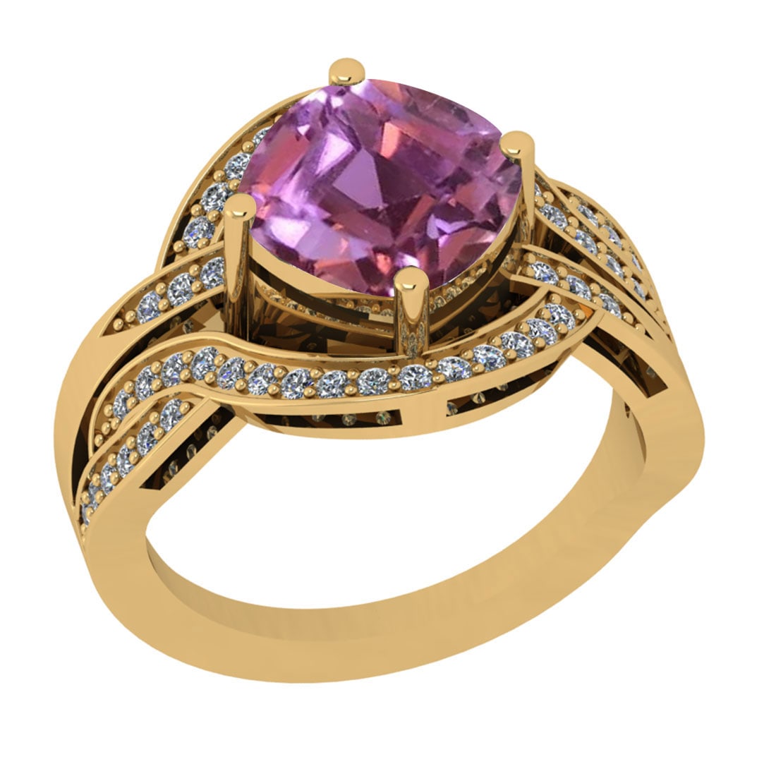 8.10 Ctw I2/I3 Kunzite And Diamond 14K Yellow Gold Cocktail Ring: Center Stone Weight : 7.70 Ctw (Cushion Cut ) Center Stone Color : Kunzite Stone Setting : Prong Side Stone Weight Of Ctw 0.40 Ctw Side Stone Color : J-K Stone Clarity : I2/I3 Stone Setting : Prong Me