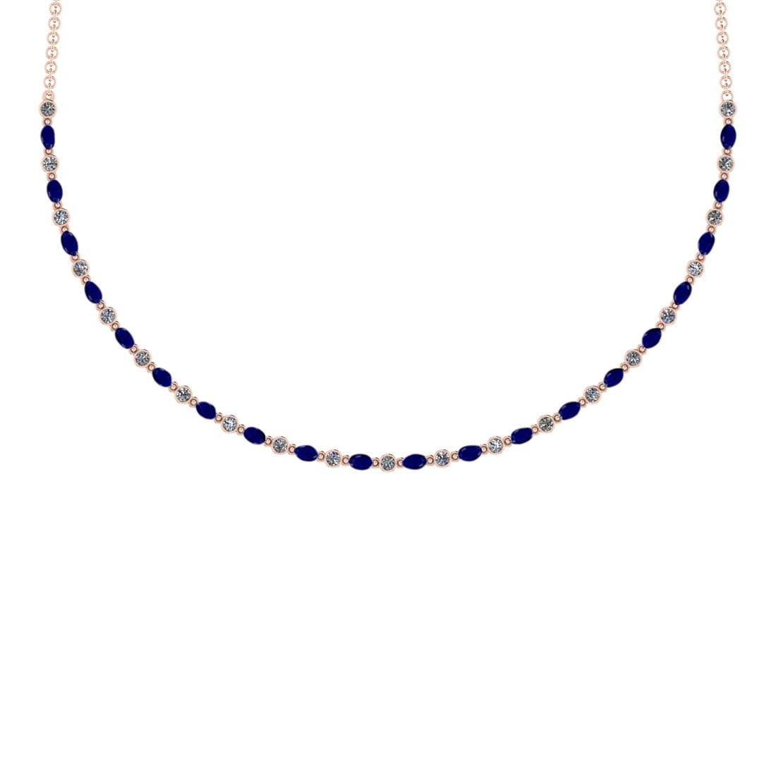 7.10 Ctw SI2/I1 Blue Sapphire And Diamond 14K Rose Gold Necklace: Center Stone Weight : 5.00 Ctw (Marquise Cut ) Center Stone Color : Blue Sapphire Center Stone Setting : Prong Side Stone Weight Of Ctw 2.10 Ctw Side Stone Color : J-K Stone Clarity : SI2/I1 Stone Set