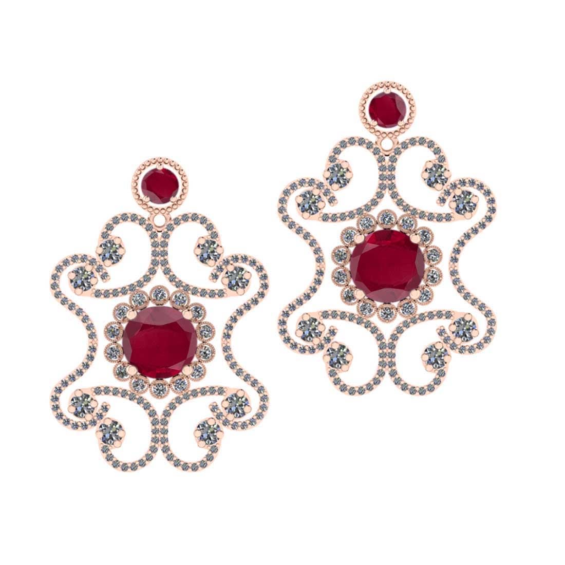 4.14 Ctw SI2/I1 Ruby and Diamond 14K Rose Gold Earrings: Center Stone Weight : 2.80 Ctw ( Round Cut) Center Stone Color :-Ruby Setting : Prong Side Diamond Weight Of Ctw 1.34 Ctw Color : J-K Clarity : SI2/I1 Stone Setting : Prong Metal Weight : Approx 7.40 