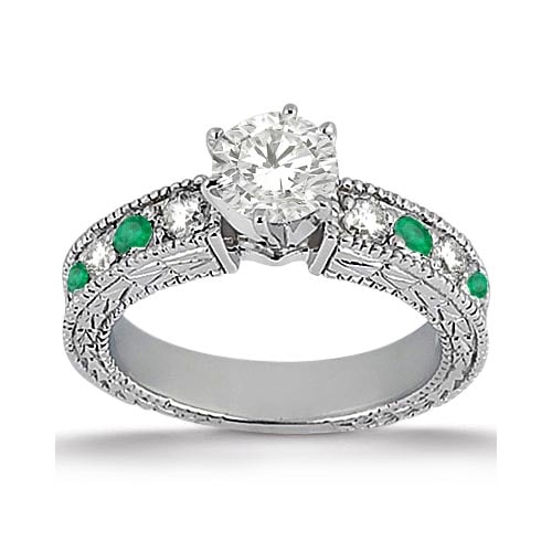 Antique style Diamond and Emerald Engagement Ring 14k White Gold 1.80ctw: CENTER STONE; DIAMOND (1.00 CTW) CENTER STONE CLARITY; SI1-SI2 CENTER STONE COLOR; J-K CENTER STONE SETTING; SIDE STONE CLARITY; Eye Clean,SI1-SI2 SIDE STONE COLOR; Green,J-K SIDE STONE SETTING; Pave,