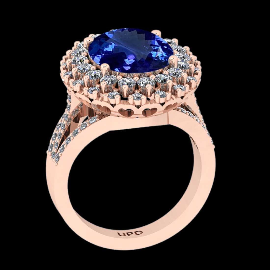 5.91 Ctw VS/SI1 Tanzanite and Diamond 14K Rose Gold Engagement Ring: Center Stone Weight : 4.59 Ctw ( Oval Cut) Center stone Color :-Tanzanite Center Stone Setting : Prong Side Stone Weight Of Ctw 1.32 Ctw Side Stone Color : J-K Stone Clarity : VS/SI1 Stone Setting :