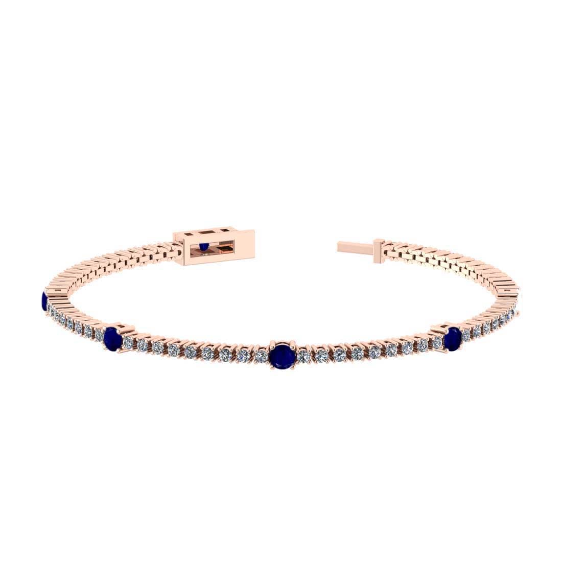 2.20 Ctw SI2/I1 Blue Sapphire and Diamond 14K Rose Gold Bracelet: Center Stone Weight : 0.50 Ctw ( Round Cut) Center stone Color :-Blue Sapphire Setting : Prong Side Weight Of Ctw 1.70 Ctw Color : J-K Clarity : SI2/I1 Stone Setting : Prong Metal Weight : Approx