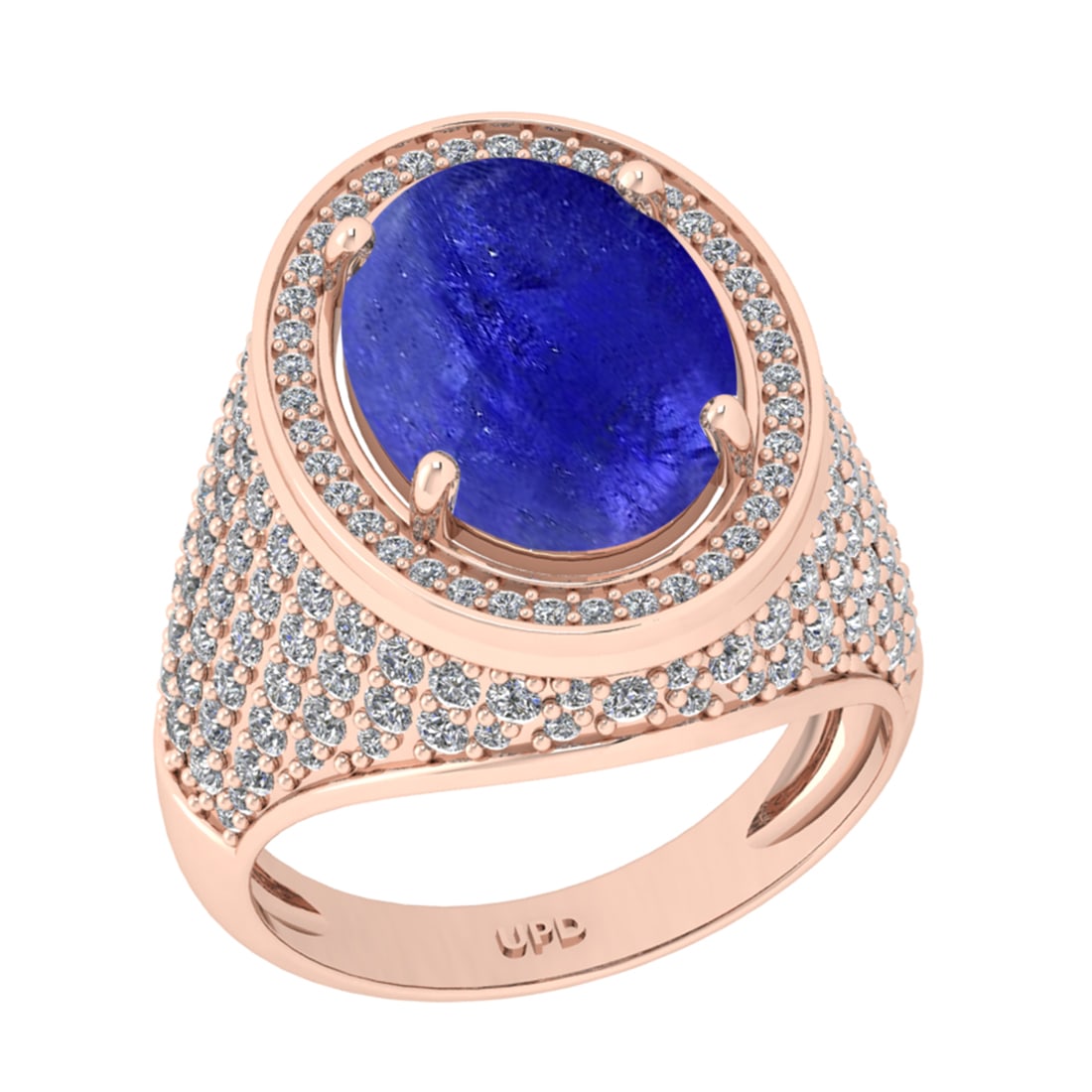 8.90 Ctw I2/I3 Tanaznite And Diamond 14K Rose Gold Engagement Ring: Center Stone Weight : 7.30 Ctw ( Oval Cab ) Center Stone Color : Tanaznite Stone Setting : Prong Side Diamond Weight Of Ctw1.60 Ctw Side Stone Color : J-K Stone Clarity : I2/I3 Stone Setting : Prong