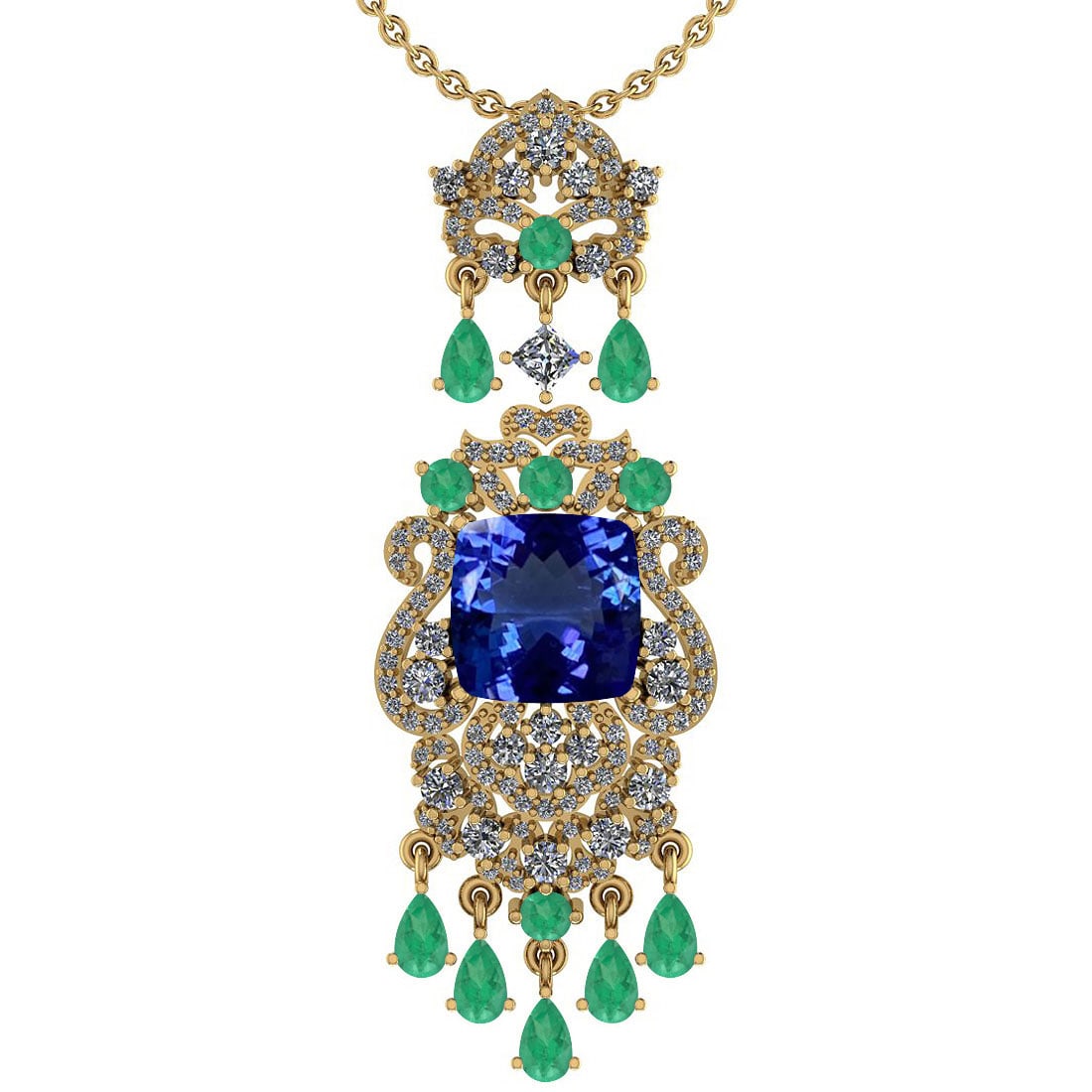 Certified 11.78 Ctw VS/SI1 Tanzanite,Emerald And Diamond 14K Yellow Gold Vi: Center Stone Approx Weight: 6.63 Ctw (Cushion Cut) Center Stone Color: Tanzanite Center Stone Setting: Prong Color Stone Weight: 3.09ctw stone Color: Emerald Setting: Prong Side Stone 2.06 Ctw Side