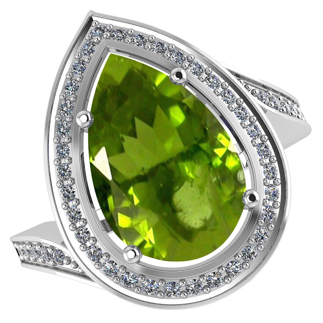 Certified 2.71 CTW Genuine Peridot And Diamond 14KW Gold Ring: Center Stone 2.25 CTW Pear Center Stone Clarity:SI1-SI2 Center Stone Color: Genuine Peridot Stone Setting ;Prong Side Stone Clarity;SI1-SI2 Side Stone Color ; White Diamond G-H Side Stone Setting ; pa