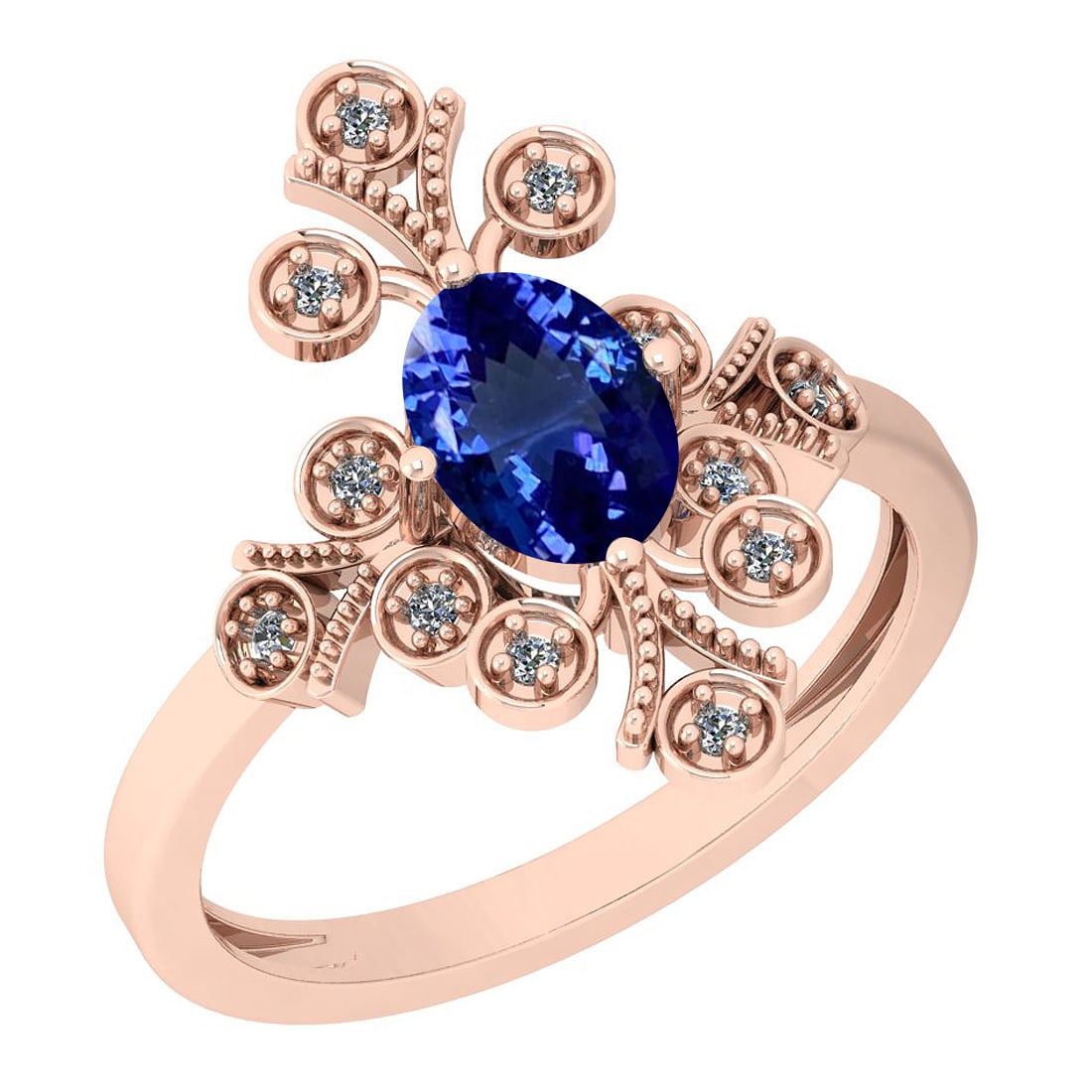 Certified 2.07 Ctw VS/SI1 Tanzanite And Diamond 14K Rose Gold Vintage Style: Center Stone Approx Weight: 2.00 Ctw (1 Pcs Oval Cut) Center Stone Color: Tanzanite Center Stone Setting: Prong Side Stone 0.07 Ctw Side Stone Color: G-H Stone Clarity: VS/SI1 Stone Setting: Prong