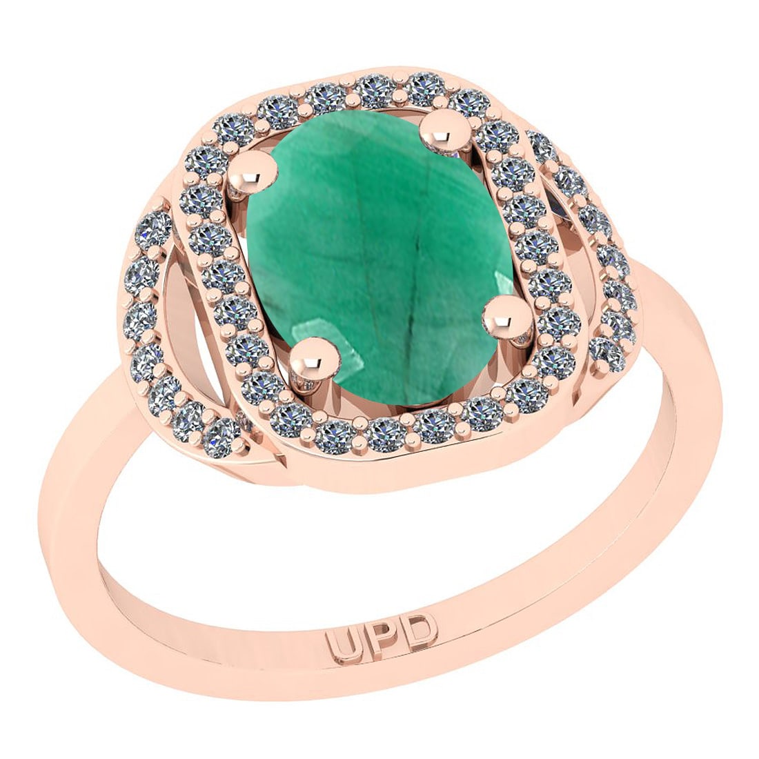 2.32 Ctw SI2/I1 Emerald And Diamond 14K Rose Gold Engagement Ring: Center Stone Weight : 2.00 Ctw ( Oval Cut) Center Stone Color :-Emerald Stone Setting : Prong Side Stone Weight Of Ctw 0.32 Ctw Side Stone Color : J-K Stone Clarity : SI2/I1 Stone Setting : Prong