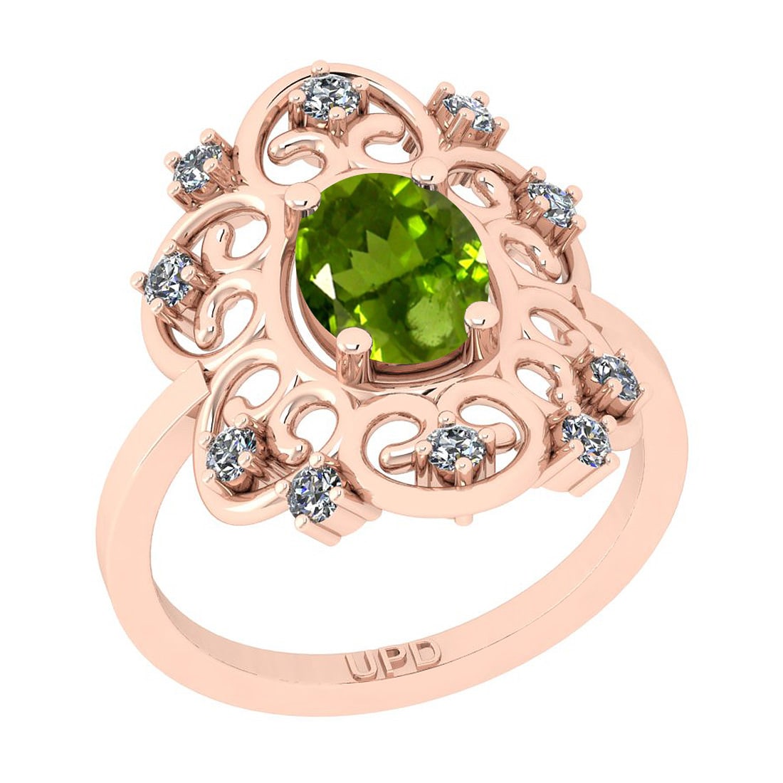 1.10 Ctw I2/I3 Peridot And Diamond 10K Rose Gold Ring: Color Stone Weight : 0.75 Ctw (Oval Cut ) Center Stone Color : Peridot Center Stone Setting : Prong Side Stone Weight Of Ctw 0.35 Ctw Side Stone Color : G-H Stone Clarity : I2/I3 Stone Setting :