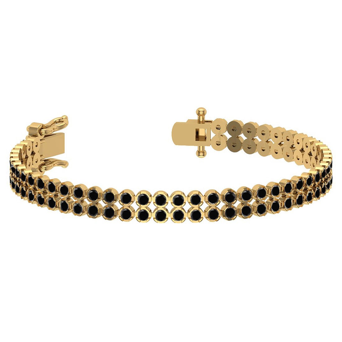 1.50 Ctw i2/i3 Treated Fancy Black Diamond 14K Yellow Gold 2 Row Bracelet: Center Diamond Weight : 1.50 Ctw (Round Cut) Center Diamond Color :- Treated Fancy Black Diamond Center Clarity : I2/I3 Stone Setting : Prong Metal Weight : Approx 16.50 Gram 14K Yellow Gold 2 Row Bra