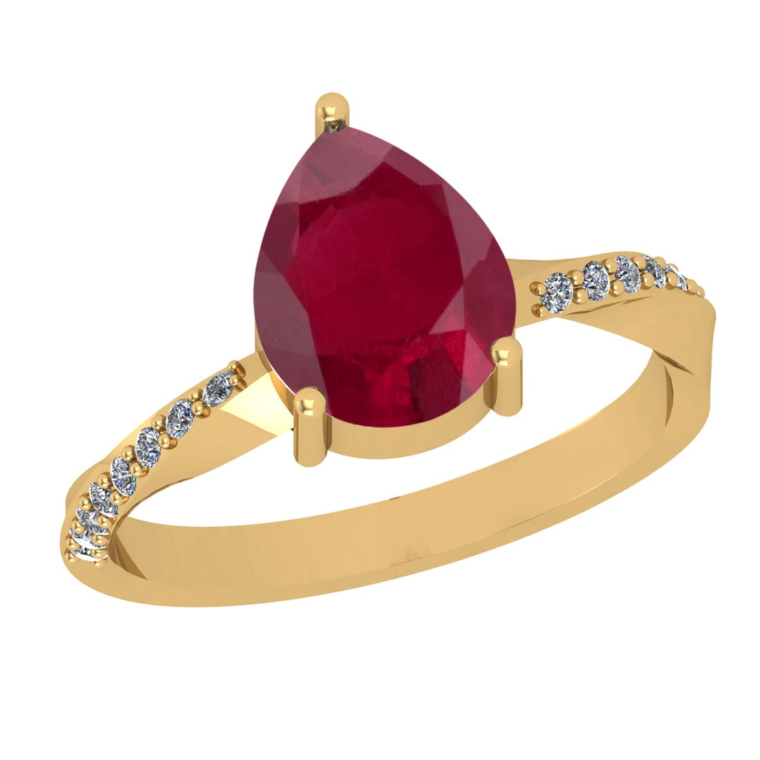 2.11 Ctw SI2/I1 Ruby And Diamond 14K Yellow Gold Engagement Ring: Color Stone Weight : 2.00 Ctw (Pear Cut ) Center Stone Color : Ruby Center Stone Setting : Prong Side Stone Weight Of Ctw 0.11 Ctw Side Stone Color : J-K Stone Clarity : SI2/I1 Stone Setting : Prong
