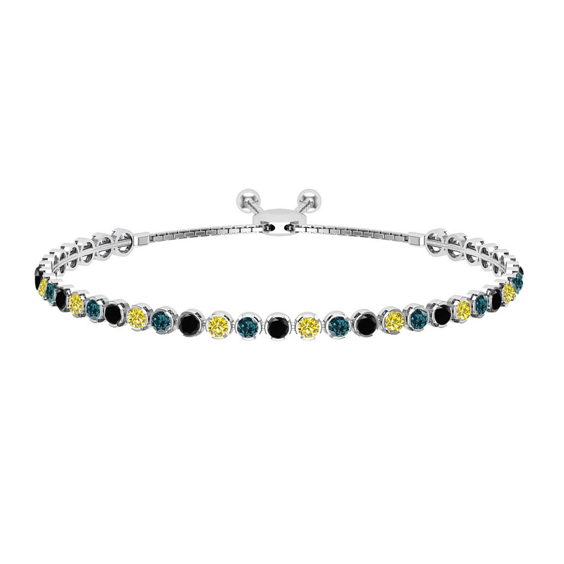 1.12 Ctw I2/I3 Multi Diamond Crown Set 14K White Gold Slide Bracelet: Center Diamond Weight : 1.12 Ctw (Round Cut) Center Diamond Color :- Treated Fancy Blue black yellow diamond Center Clarity : I2/I3 Stone Setting : Crown Metal Weight : Approx 6.50 Gram 14K White