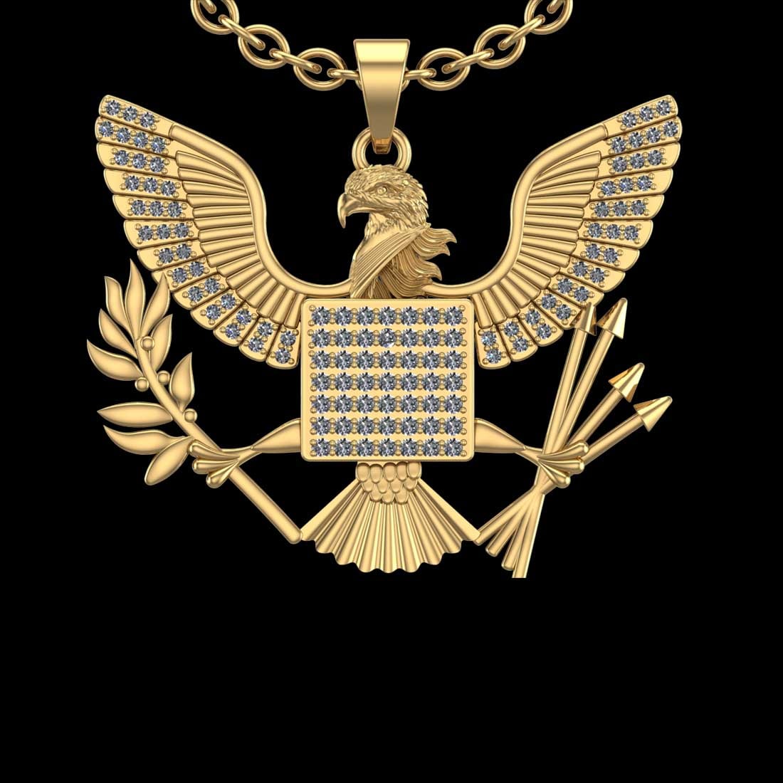 1.22 Ctw SI2/I1 Diamond 10K Yellow Gold Eagle Pendant Necklace: Total Diamond Weight : 1.22 Ctw (Round cut) Center Diamond Color :- J-K Center Clarity : SI2/I1 Stone Setting : Prong Metal Weight : Approx 13.50 Gram 10K Yellow Gold Eagle Pendant Necklace Length :-3
